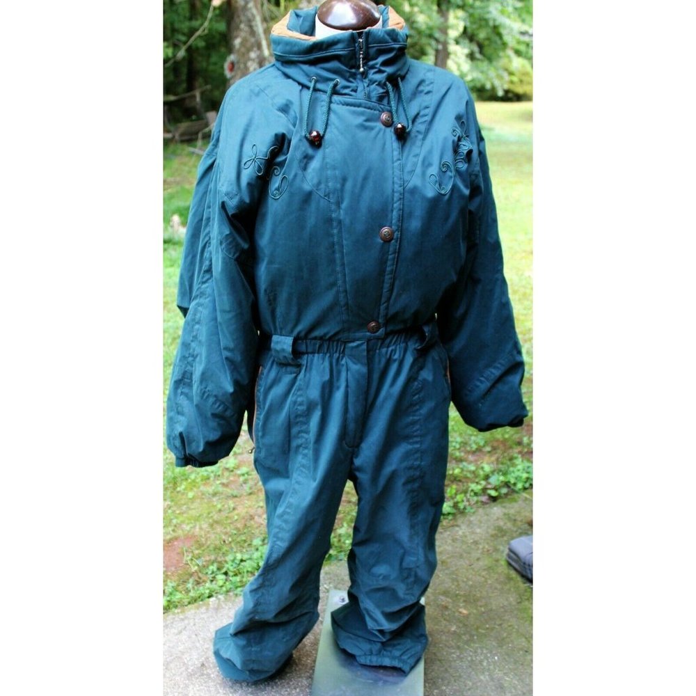 Vtg 80/90s Hunter Green Snowsuit Ski Full Body Suit Womens sz 12 MicroFiber